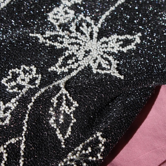 VTG 70s Black/Cream Glittery Metallic Floral Beaded Button-Up Disco Shirt - Picture 13 of 14